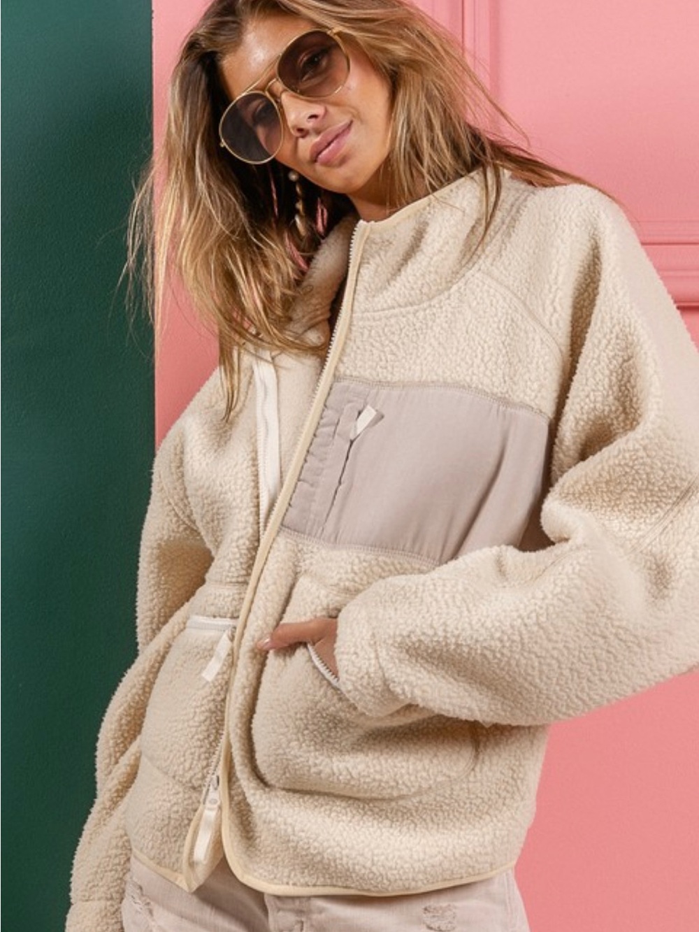 BiBi Cream Sherpa Utility Jacket with Contrasting Chest Pocket